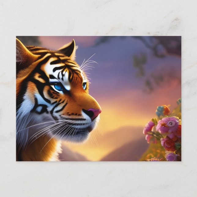 Blue Eyed Tiger and Pink Flowers  Postcard (Front)