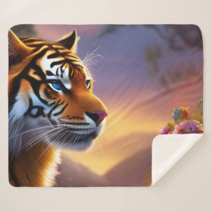 Blue Eyed Tiger and Pink Flowers   Sherpa Blanket