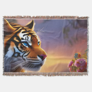 Blue Eyed Tiger and Pink Flowers   Throw Blanket