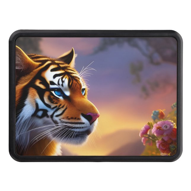 Blue Eyed Tiger and Pink Flowers  Trailer Hitch Cover (Front)