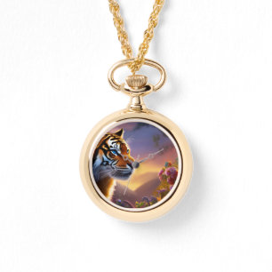 Blue Eyed Tiger and Pink Flowers   Watch