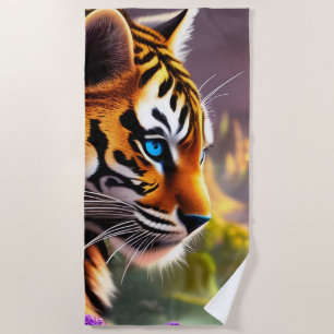 Blue Eyed Tiger Cub and Purple Flowers  Beach Towel