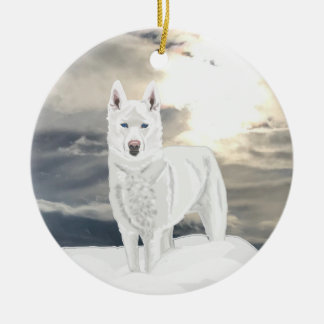 Blue eyed, white Husky, in snow Ceramic Ornament