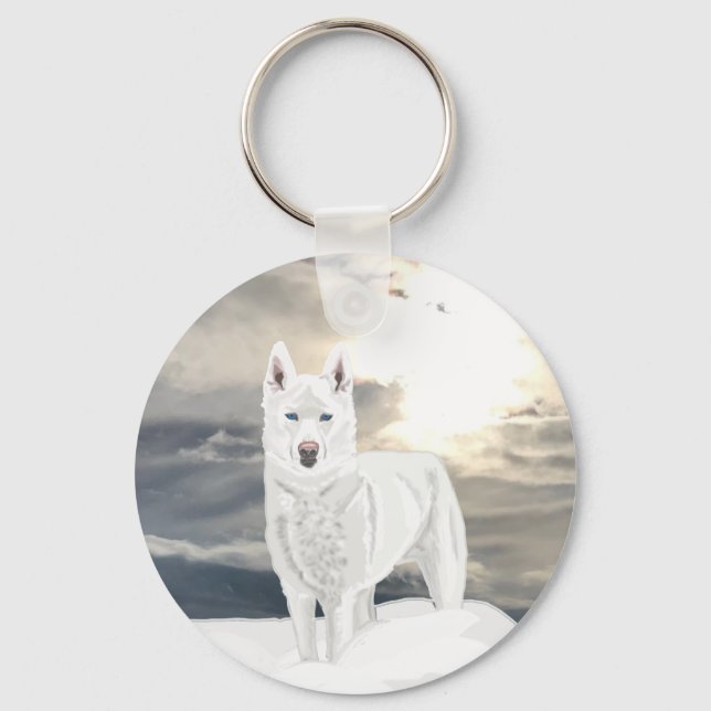 Blue eyed, white Husky, in snow Keychain (Front)