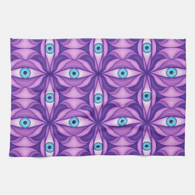 Blue Eyes Abstract Botanical Purple Floral Pattern Kitchen Towel (Horizontal)