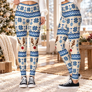 Blue Fair Isle Rudolph Reindeer Faux Knit Holiday Leggings