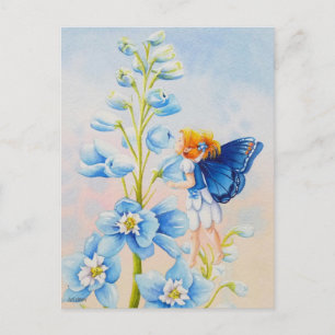 Blue Fairy on Delphinium Flower Watercolor Art Postcard