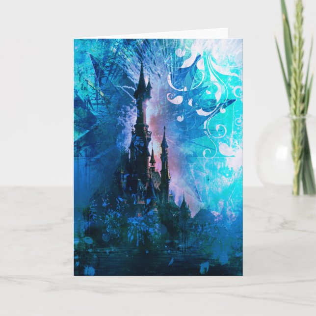 Blue Fairytale Fantasy Castle Grunge Greeting Card (Front)