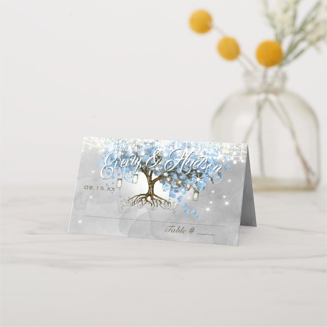 Blue Faiy Tale Wedding Mason Jar Heart Leaf Tree Place Card (Back)