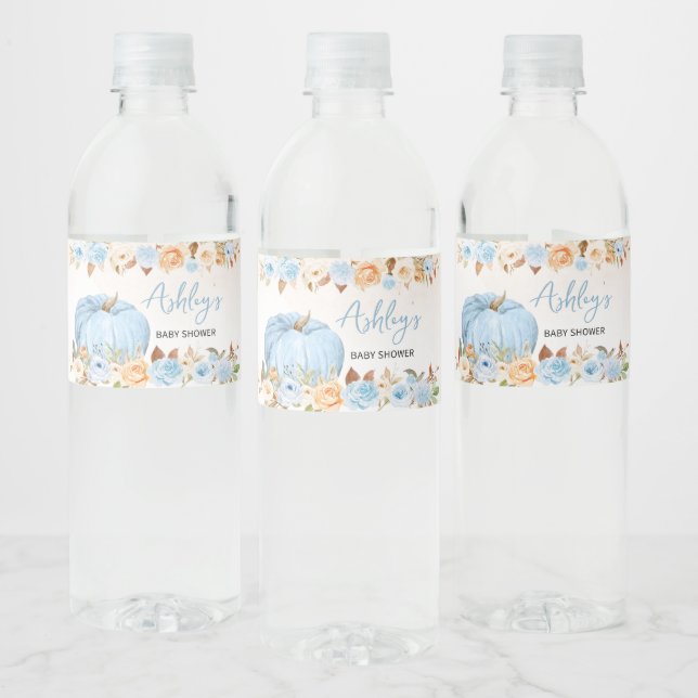 Blue Fall Floral Pumpkin Baby Shower Water Bottle Label (Bottles)