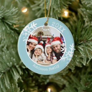 Blue Family Christmas Photo Snowflakes Ceramic Ornament