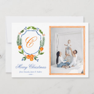 Blue Family Crest Citrus Garland Christmas 2 Photo Holiday Card