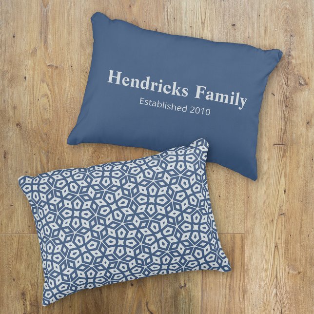 Blue Family Name "Established" with Back Pattern Accent Pillow (Front and Back in situ)