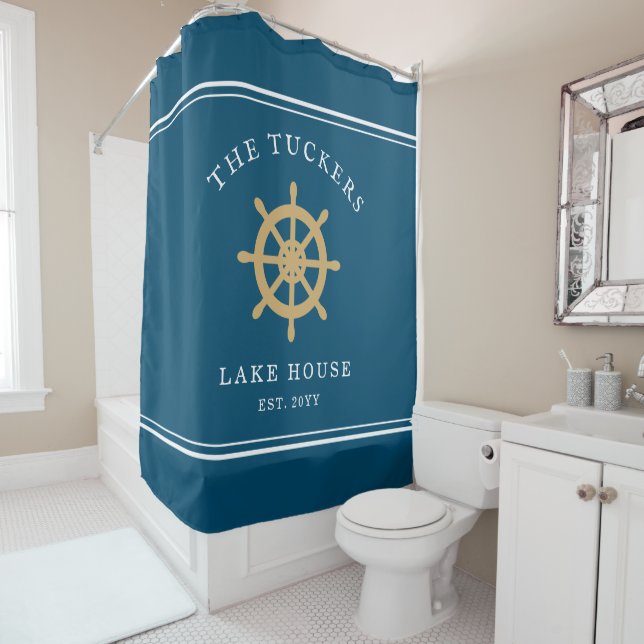 Blue Family Name Lake House Nautical Ship's Wheel (In Situ)