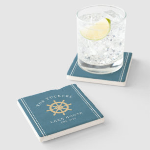 Blue Family Name Lake House Nautical Ship's Wheel Stone Coaster