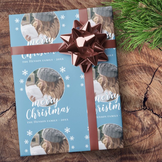 Blue Family Photo Snowflake Merry Christmas Wrapping Paper (Creator Uploaded)