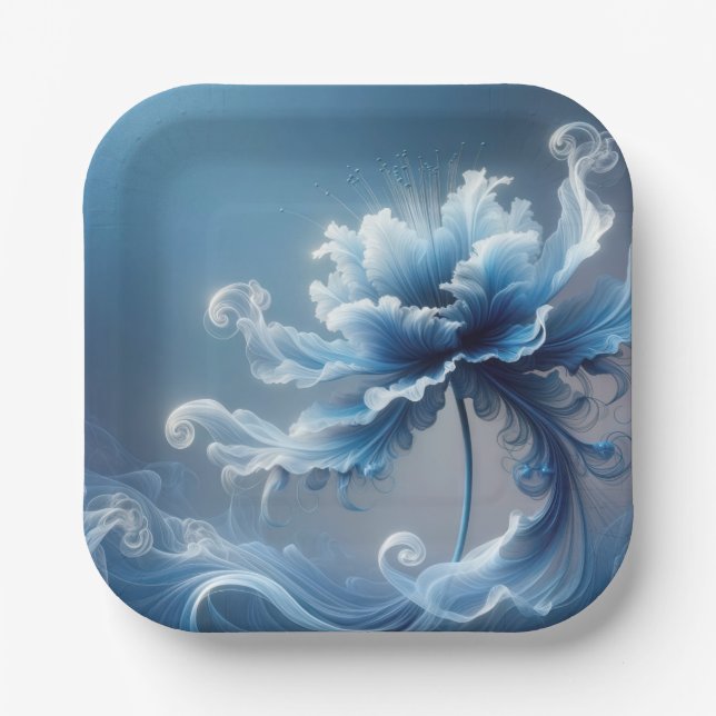 Blue Fancy Fantasy Flower Paper Plate (Front)