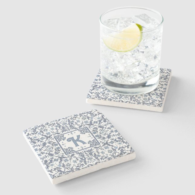 Blue Fancy Floral Graphic Pattern Personalized Stone Coaster (Side)