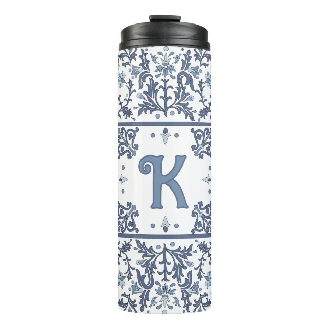 Blue Fancy Floral Graphic Pattern Personalized Thermal Tumbler (Front)
