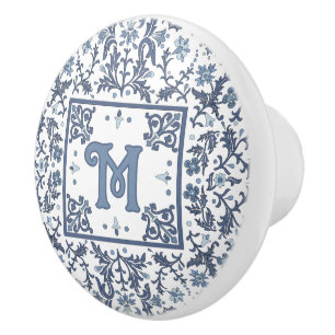 Blue Fancy Floral Pattern Personalized Ceramic Knob