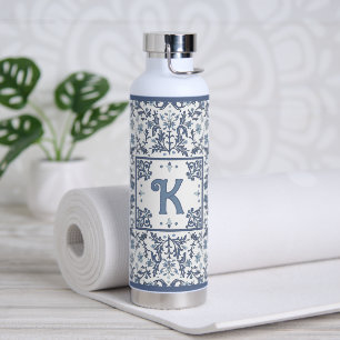 Blue Fancy Floral Pattern Personalized Water Bottle