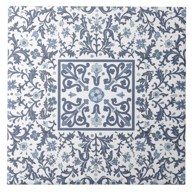 Blue Fancy Graphic Floral Pattern Tile (Front)