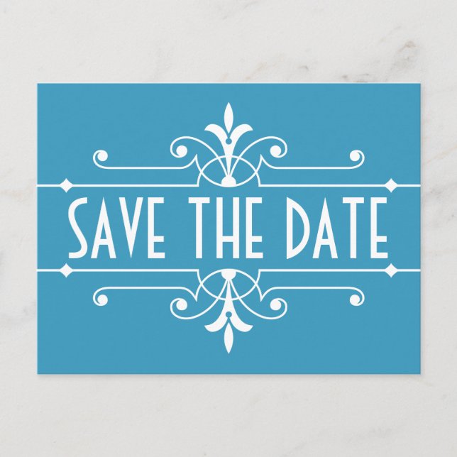 Blue Fancy Ornamental Enregistrer la date Carte po (Devant)