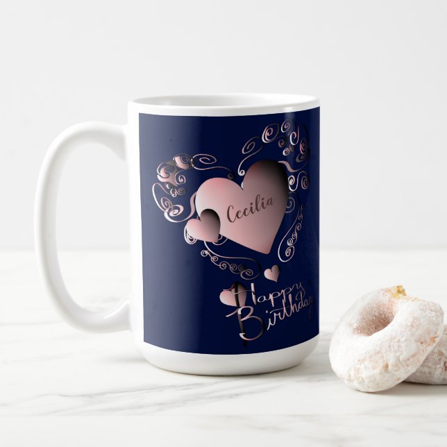 Blue&Fancy Pink 3D Hearts, "Happy Birthday" w/Name Coffee Mug (With Donut)