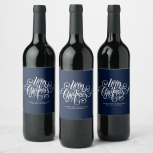 Blue Fancy Script "Merry Christmas" Personalized Wine Label