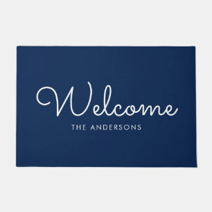 Blue Fancy Script "Welcome" Personalized Doormat