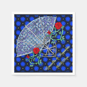 Blue Fans, Silver Hearts and Red Roses-Personalize Napkin