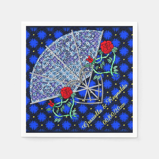 Blue Fans, Silver Hearts and Red Roses-Personalize Napkin (Front)