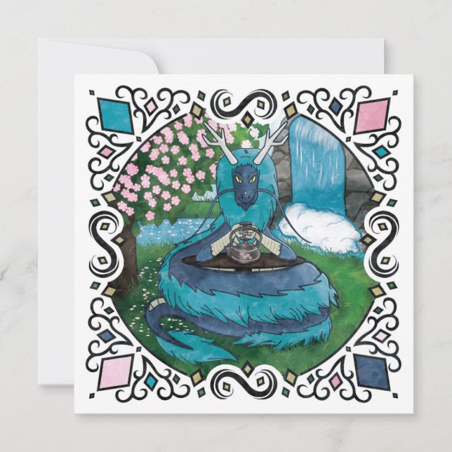 Blue Fantasy Eastern Dragon Tea Time Holiday Card (Front)