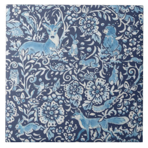 Blue Fantasy Forest Animals Woodland Fox Rabbit Tile