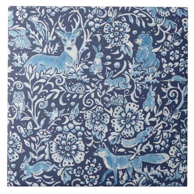 Blue Fantasy Forest Animals Woodland Fox Rabbit Tile (Front)