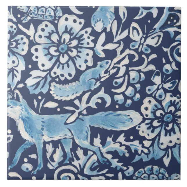 Blue Fantasy Forest Mural Woods Fox Bottom Right Tile (Front)