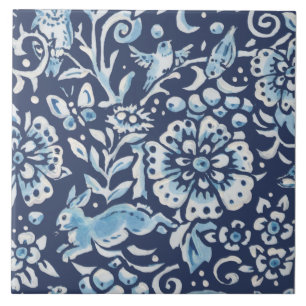 Blue Fantasy Forest Mural Woods Rabbit Bottom Left Tile