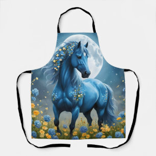 Blue Fantasy Magical Horse Moon Flowers, Apron