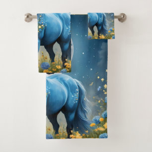 Blue Fantasy Magical Horse Moon Flowers, Bath Towel Set