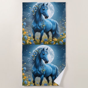 Blue Fantasy Magical Horse Moon Flowers, Beach Towel