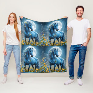 Blue Fantasy Magical Horse Moon Flowers, Fleece Blanket