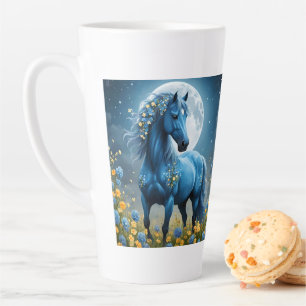 Blue Fantasy Magical Horse Moon Flowers, Latte Mug