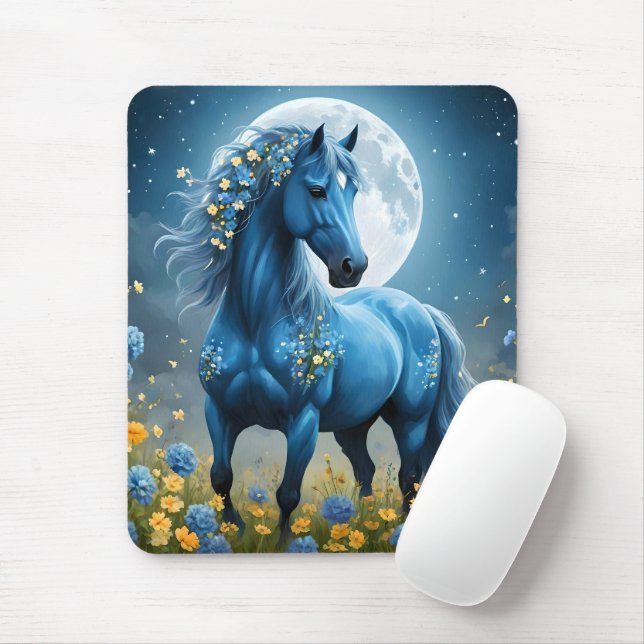Blue Fantasy Magical Horse Moon Flowers, Mouse Pad (With Mouse)