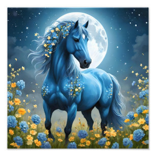 Blue Fantasy Magical Horse Moon Flowers, Photo Print