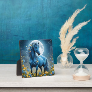 Blue Fantasy Magical Horse Moon Flowers, Plaque