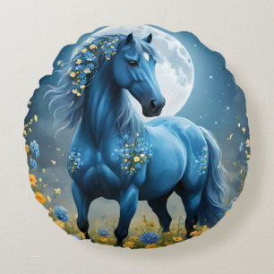 Blue Fantasy Magical Horse Moon Flowers, Round Pillow