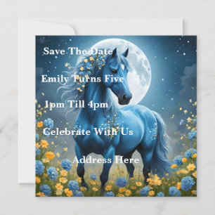 Blue Fantasy Magical Horse Moon Flowers, Save The Date