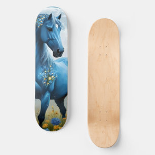 Blue Fantasy Magical Horse Moon Flowers, Skateboard