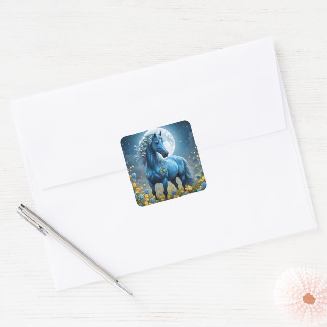Blue Fantasy Magical Horse Moon Flowers, Square Sticker (Envelope)