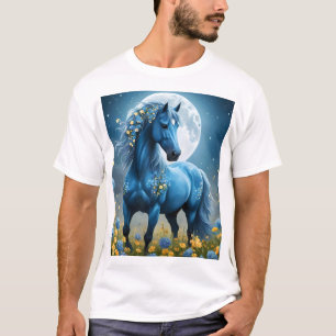 Blue Fantasy Magical Horse Moon Flowers, T-Shirt